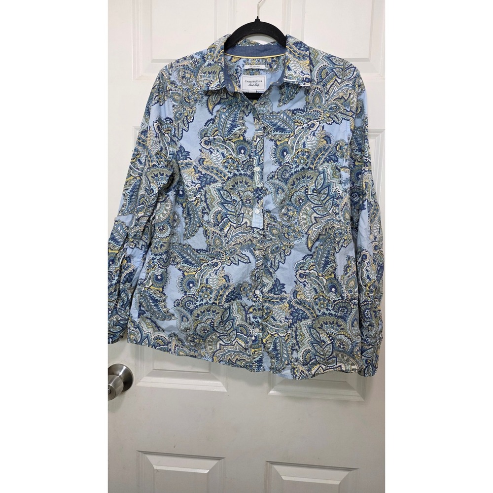 Charter Club Button Down Shirt Womens 12 Blue Paisley Cotton Relaxed Fit Blouse